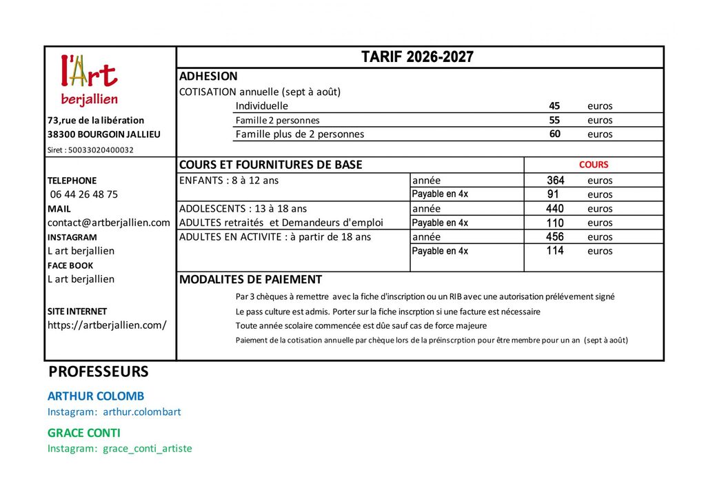 TARIFS 2026-2027 ART BERJALLIEN ecole d'art